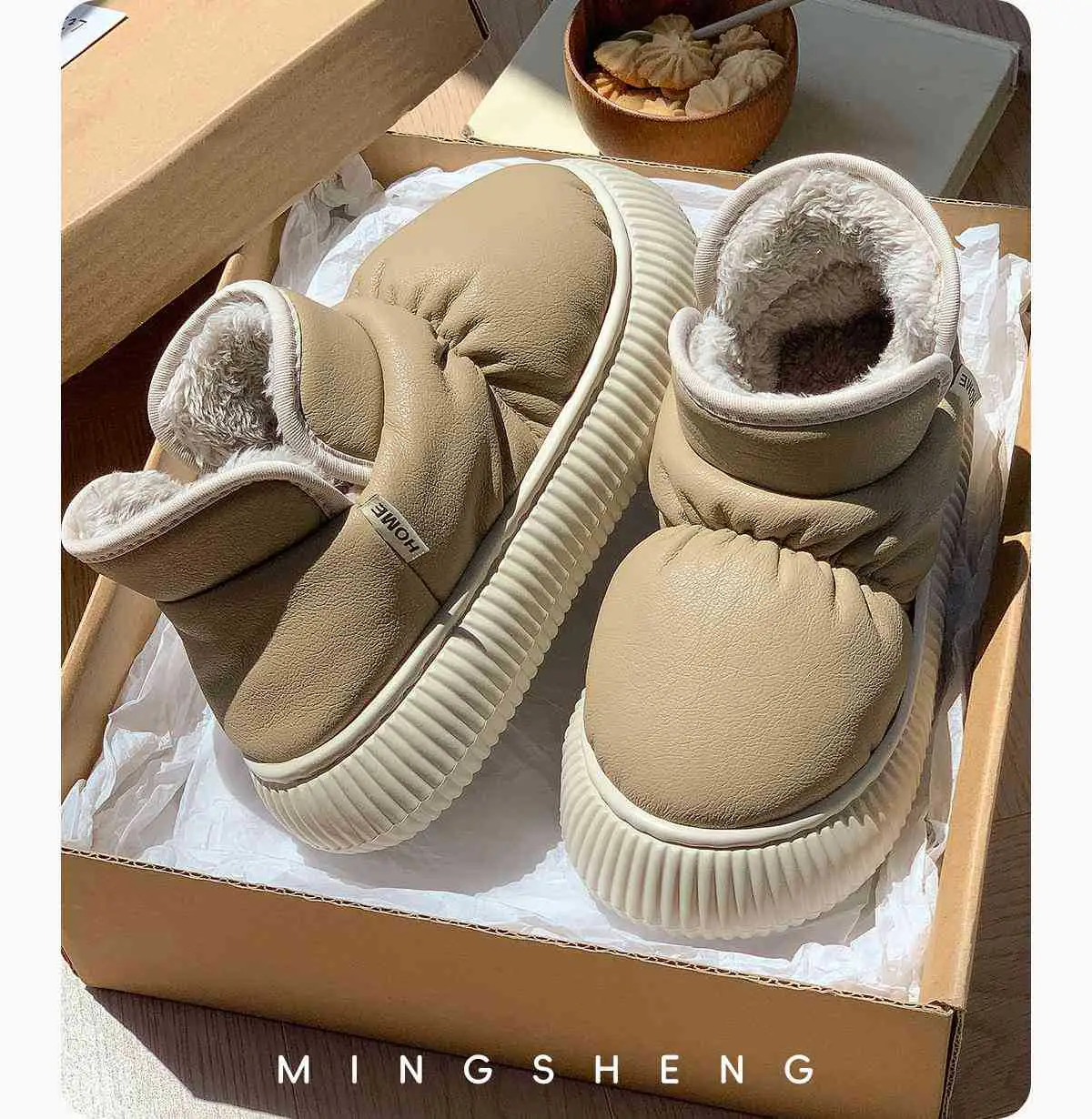 Women Winter Fleece Lined Slippers Beige Thick Soled — feature 9