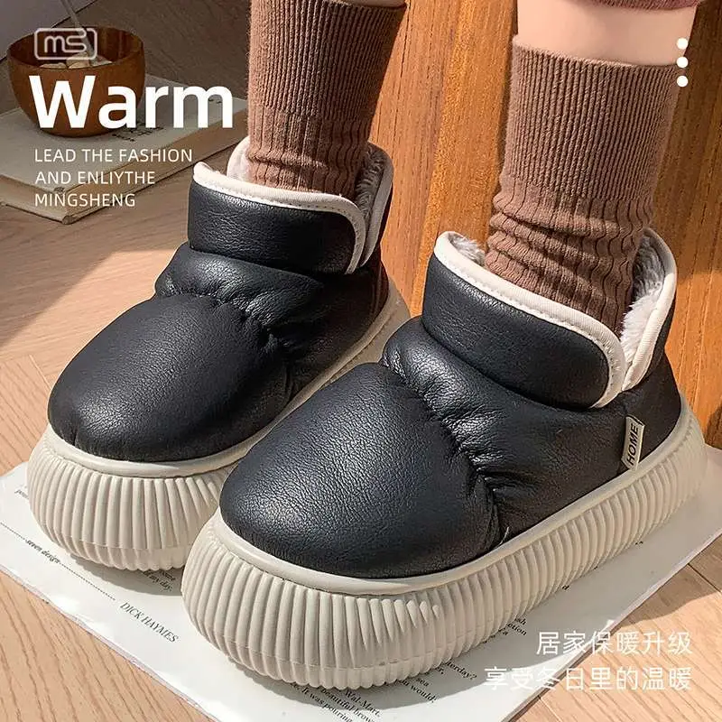 Women Winter Fleece Lined Slippers Beige Thick Soled - Image 3