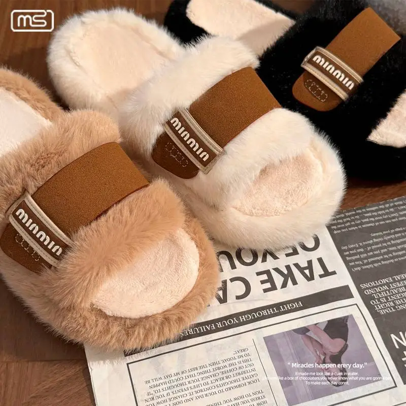 Women Fur Warm Slippers Black Brown Winter Warm - Image 5