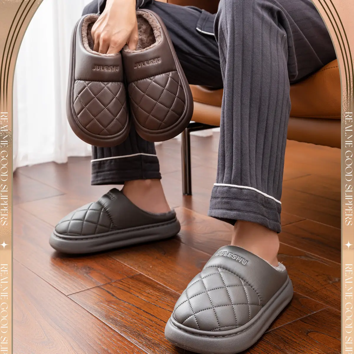 Women's Pink Quilted Slippers with Warm Fleece Lining — feature 2