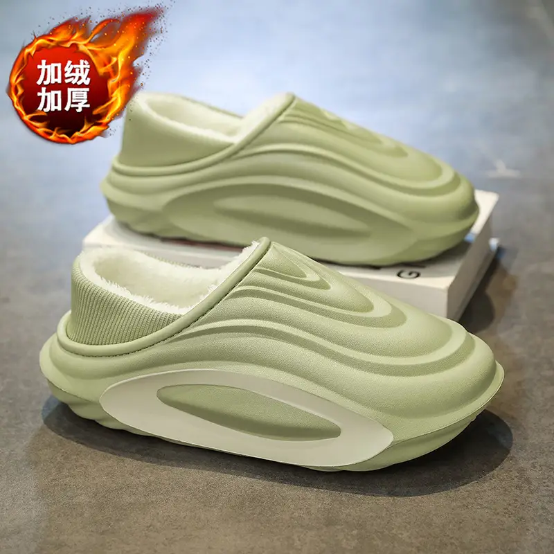 Men's Winter Outer Wear Waterproof Cotton Slippers with Heel, Non-Slip Thick Sole, Fleece-Lined Warm Couple Cotton Shoes