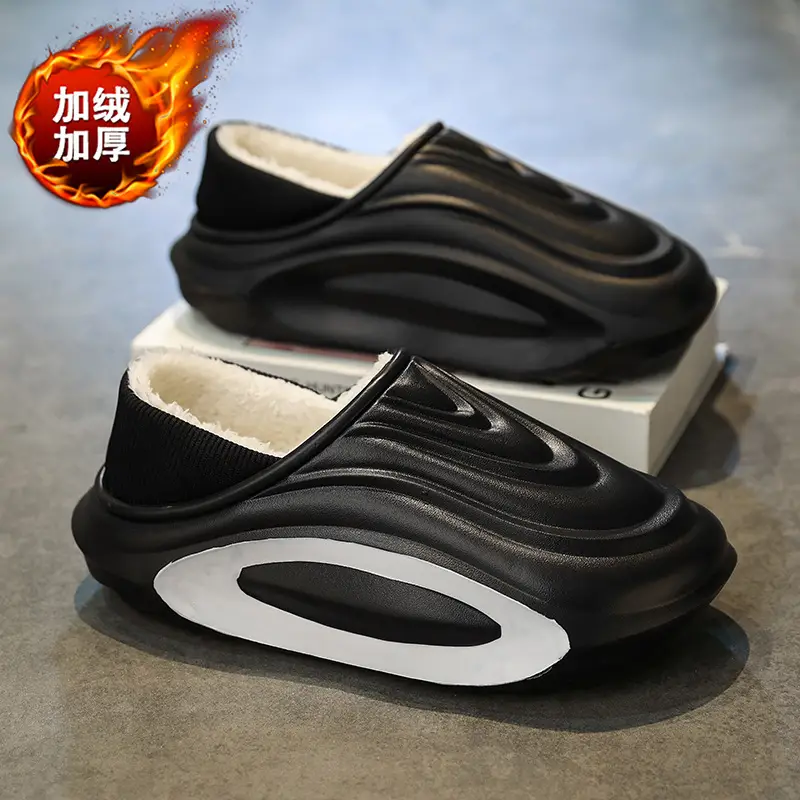 Men's Winter Outer Wear Waterproof Cotton Slippers with Heel, Non-Slip Thick Sole, Fleece-Lined Warm Couple Cotton Shoes