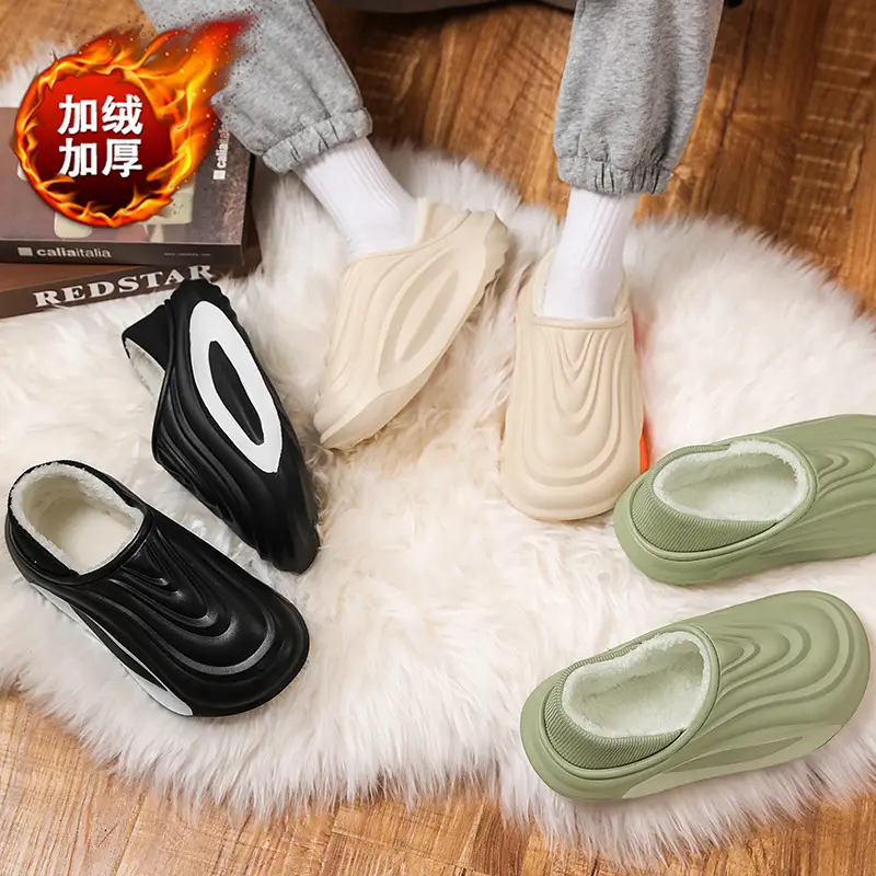 Men's Winter Outer Wear Waterproof Cotton Slippers with Heel, Non-Slip Thick Sole, Fleece-Lined Warm Couple Cotton Shoes