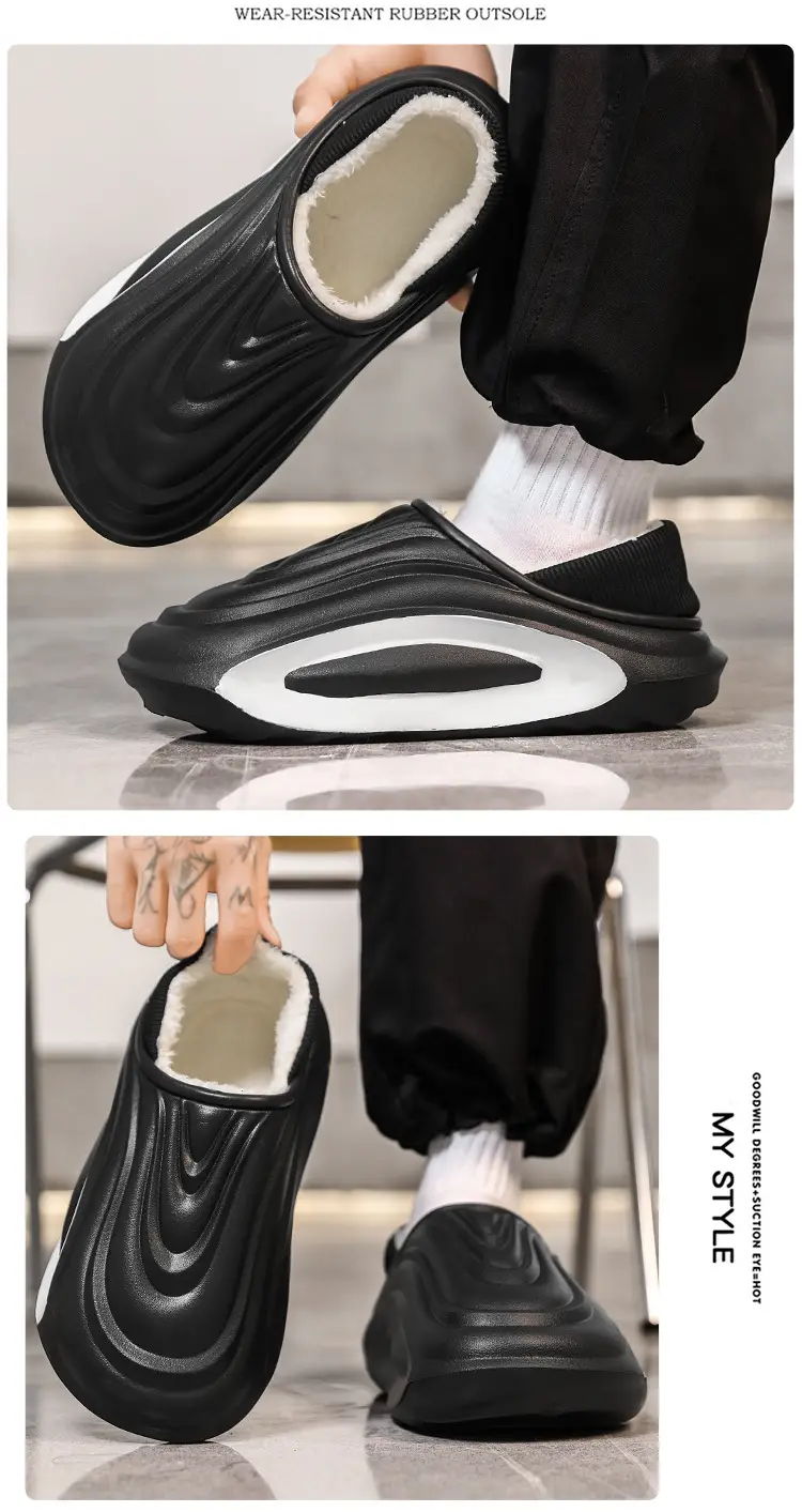 Men's Winter Outer Wear Waterproof Cotton Slippers with Heel, Non-Slip Thick Sole, Fleece-Lined Warm Couple Cotton Shoes — feature 12