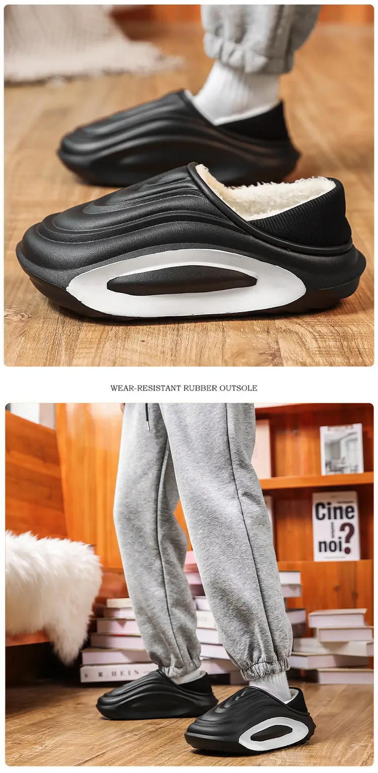 Men's Winter Outer Wear Waterproof Cotton Slippers with Heel, Non-Slip Thick Sole, Fleece-Lined Warm Couple Cotton Shoes — feature 13