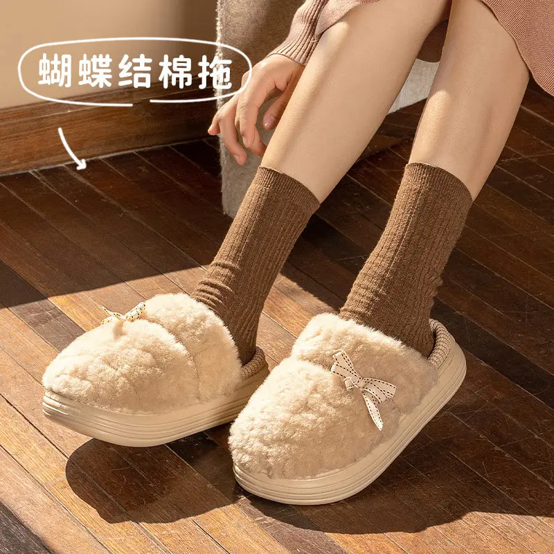 2025 Winter Bow Plush Cotton Slippers Warm Home Indoor - Image 2