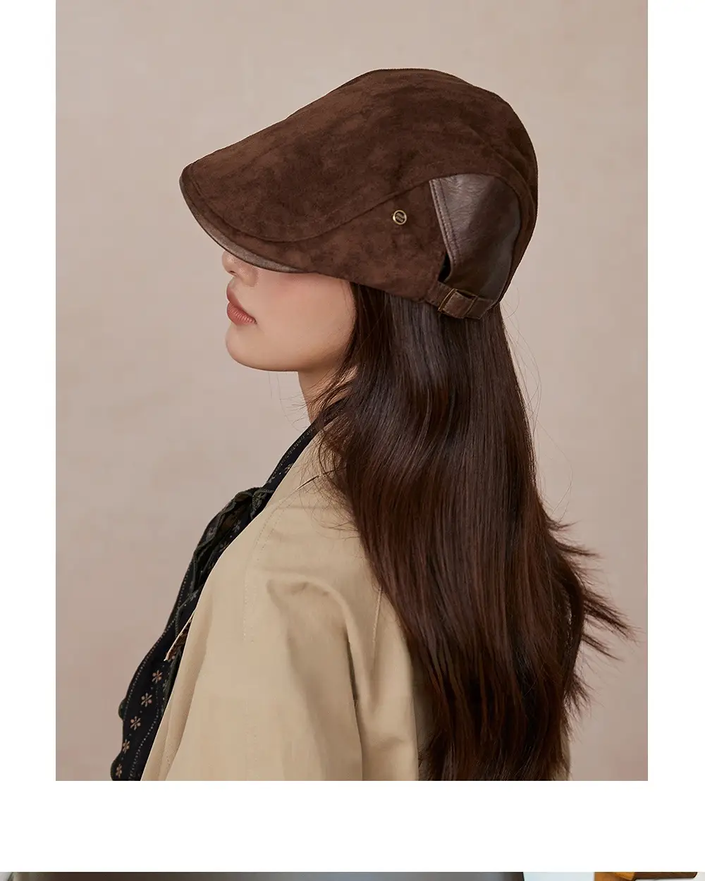 Women British Newsboy Cap Suede Duckbill Brown — feature 3