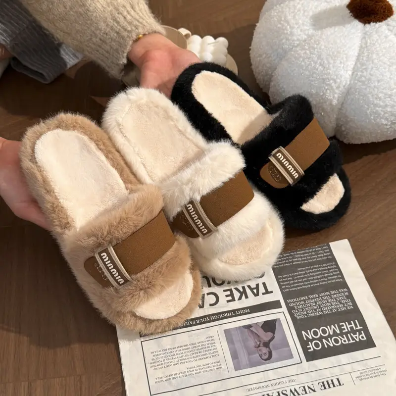 Furry Slippers for Women's Outer Wear 2025 Autumn and Winter New Style Beanie Shoes Slip-On Lazy Cotton Shoes Flats Floor Cotton Slippers - Image 6