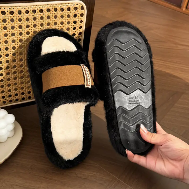 Furry Slippers for Women's Outer Wear 2025 Autumn and Winter New Style Beanie Shoes Slip-On Lazy Cotton Shoes Flats Floor Cotton Slippers - Image 2