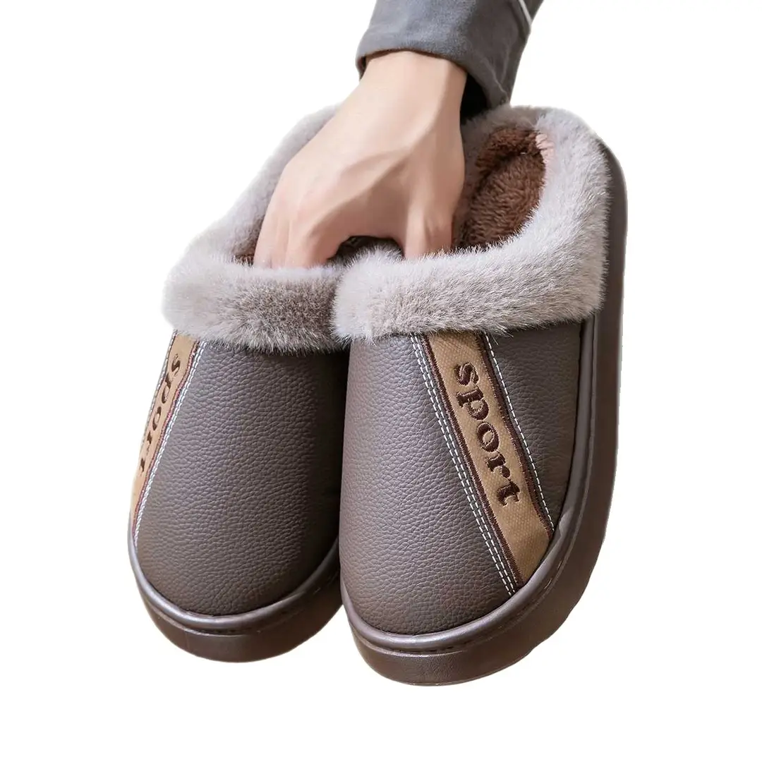 Waterproof Winter Cotton Slippers for Women, Non-Slip, Wear-Resistant and Warm, Couples Home Indoor Pu Leather Slippers for Men to Wear Outside in Winter - Image 7