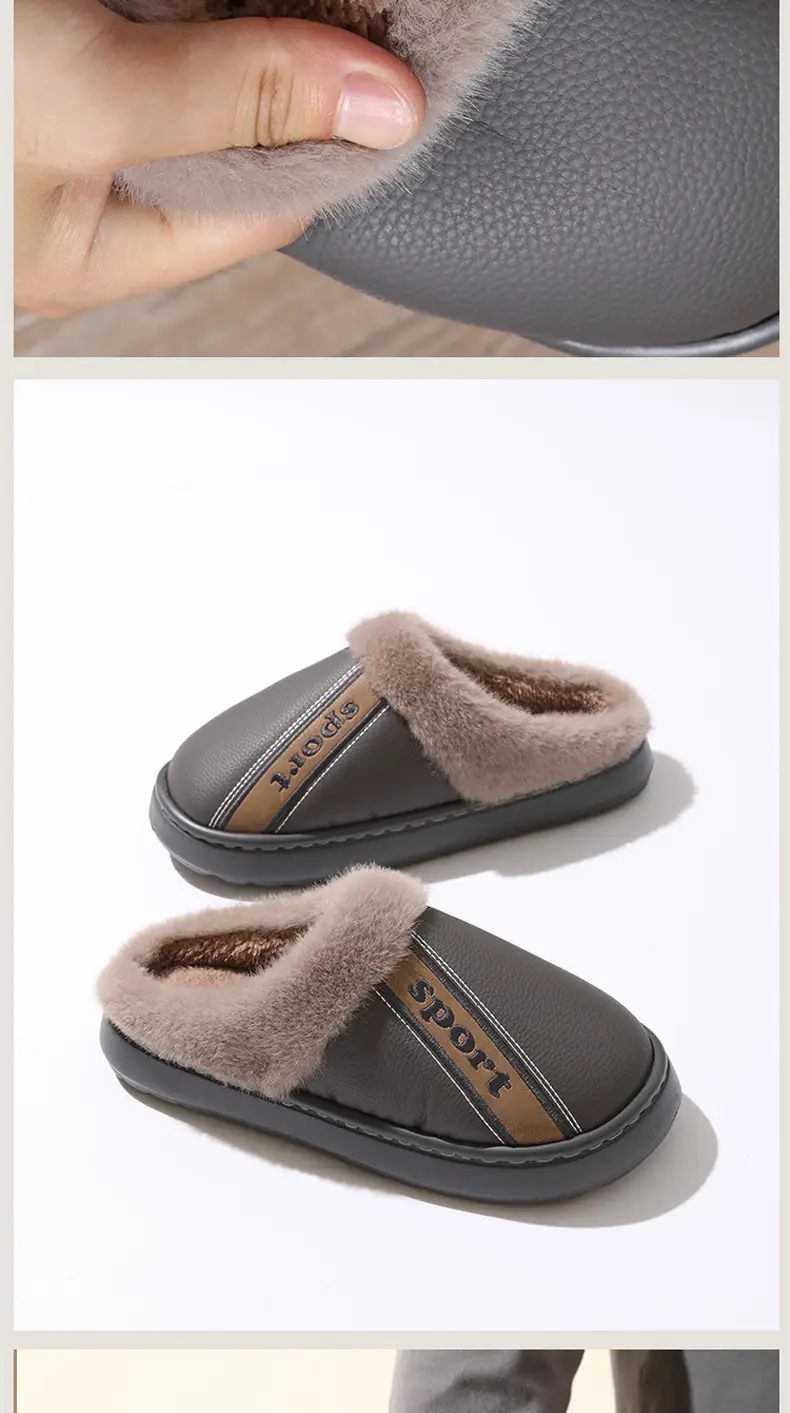 Waterproof Winter Cotton Slippers for Women, Non-Slip, Wear-Resistant and Warm, Couples Home Indoor Pu Leather Slippers for Men to Wear Outside in Winter — feature 12