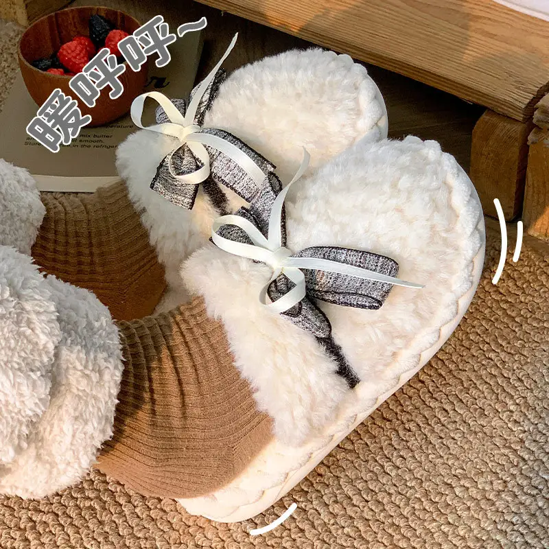 Winter Bowknot Girly Women's Slippers Green Plush