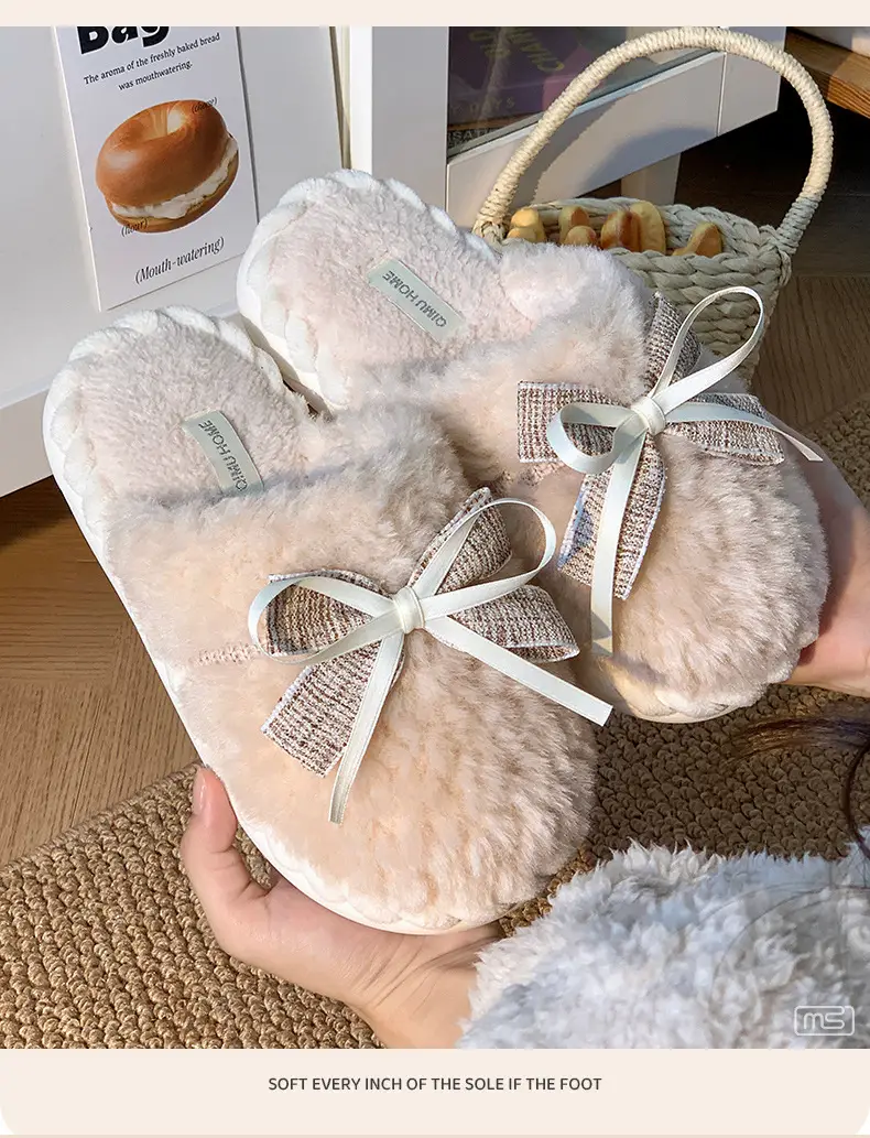 Winter Bowknot Girly Women's Slippers Green Plush — feature 11