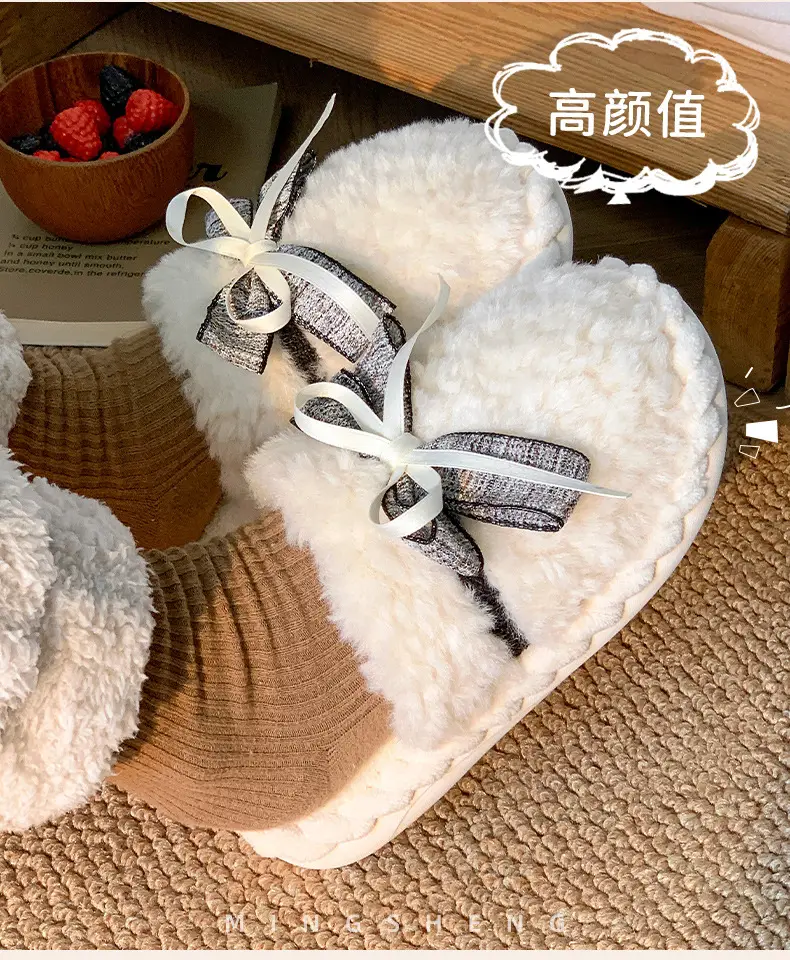 Winter Bowknot Girly Women's Slippers Green Plush — feature 5