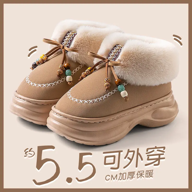Women Warm Plush Bag Heeled Slippers Black Winter
