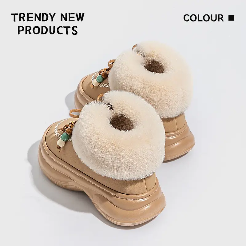 Women Warm Plush Bag Heeled Slippers Black Winter