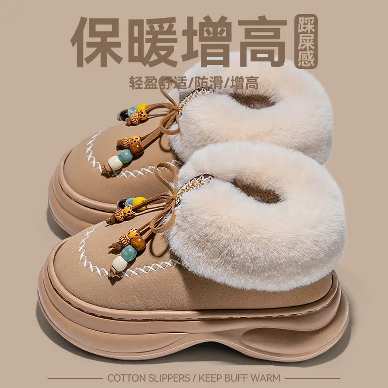 Women Warm Plush Bag Heeled Slippers Black Winter