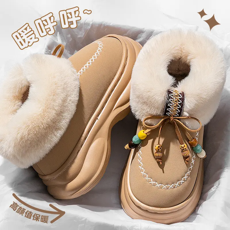 Women Warm Plush Bag Heeled Slippers Black Winter
