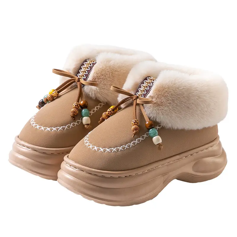Women Warm Plush Bag Heeled Slippers Black Winter