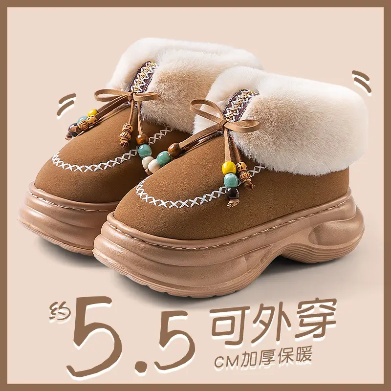 Women Warm Plush Bag Heeled Slippers Black Winter