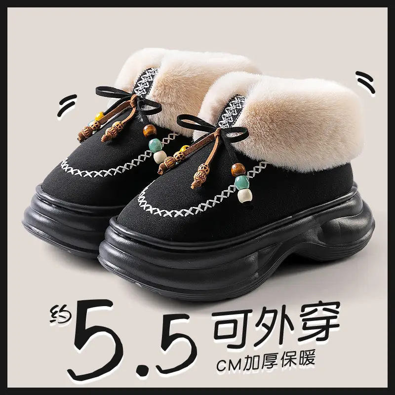 Women Warm Plush Bag Heeled Slippers Black Winter