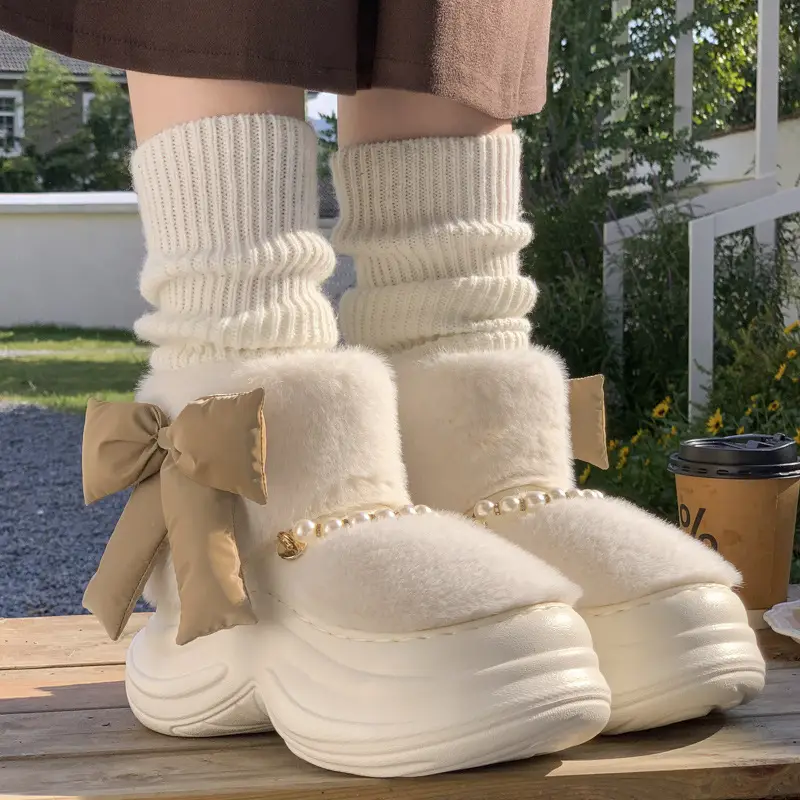 Mingsheng 2025 New Winter Bow Women's Cotton Shoes for Outer Wear at Home Fleece-Lined, Thickeneded, Warm, Soft-Soled, Furry and Versatile - Image 5