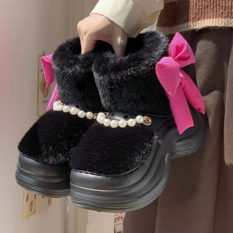 Mingsheng 2025 New Winter Bow Women's Cotton Shoes for Outer Wear at Home Fleece-Lined, Thickeneded, Warm, Soft-Soled, Furry and Versatile - Image 6