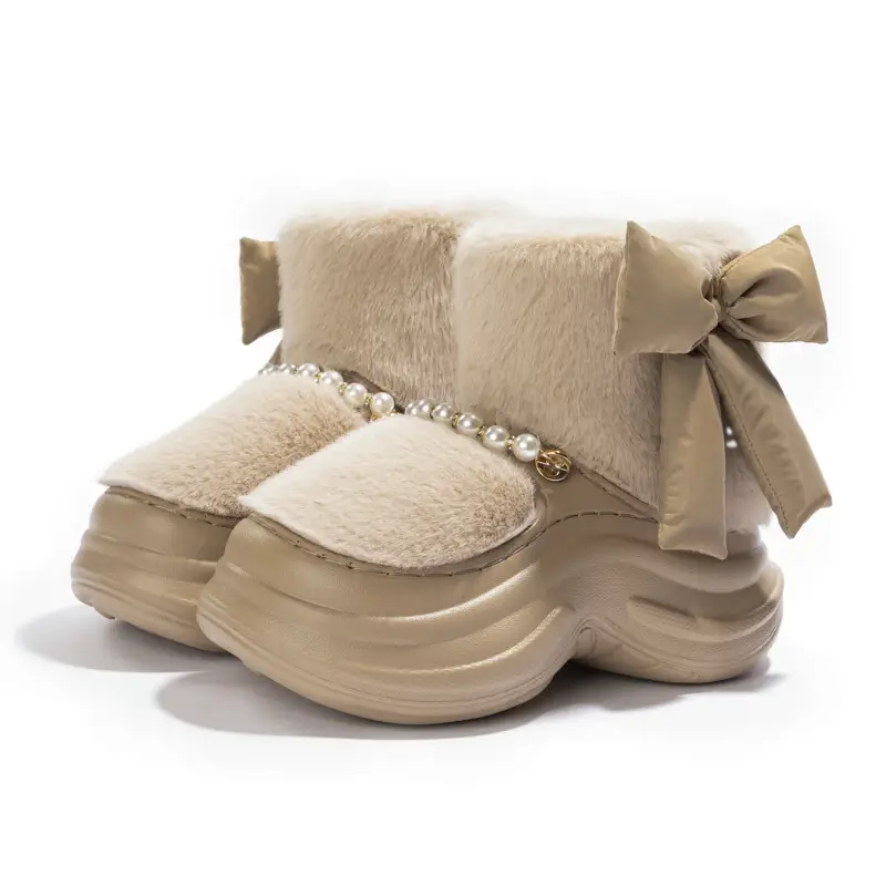 Mingsheng 2025 New Winter Bow Women's Cotton Shoes for Outer Wear at Home Fleece-Lined, Thickeneded, Warm, Soft-Soled, Furry and Versatile - Image 3