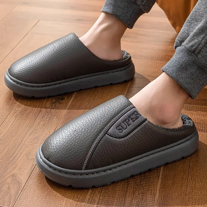 Fyj8813 Leather Slippers 2025 Cotton Slippers for Couples, Fleece-Lined, Warm, Non-Slip, Solid Color, Suitable for Indoor and Outdoor Use, High-End Cotton Slippers - Image 2