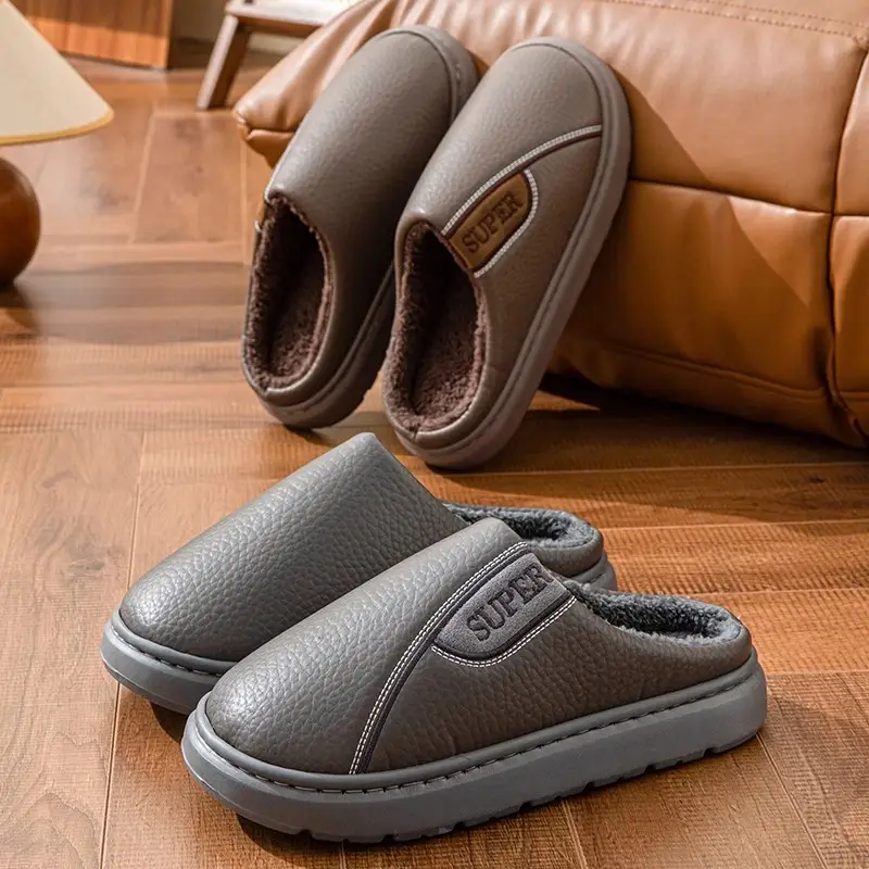 Fyj8813 Leather Slippers 2025 Cotton Slippers for Couples, Fleece-Lined, Warm, Non-Slip, Solid Color, Suitable for Indoor and Outdoor Use, High-End Cotton Slippers - Image 5
