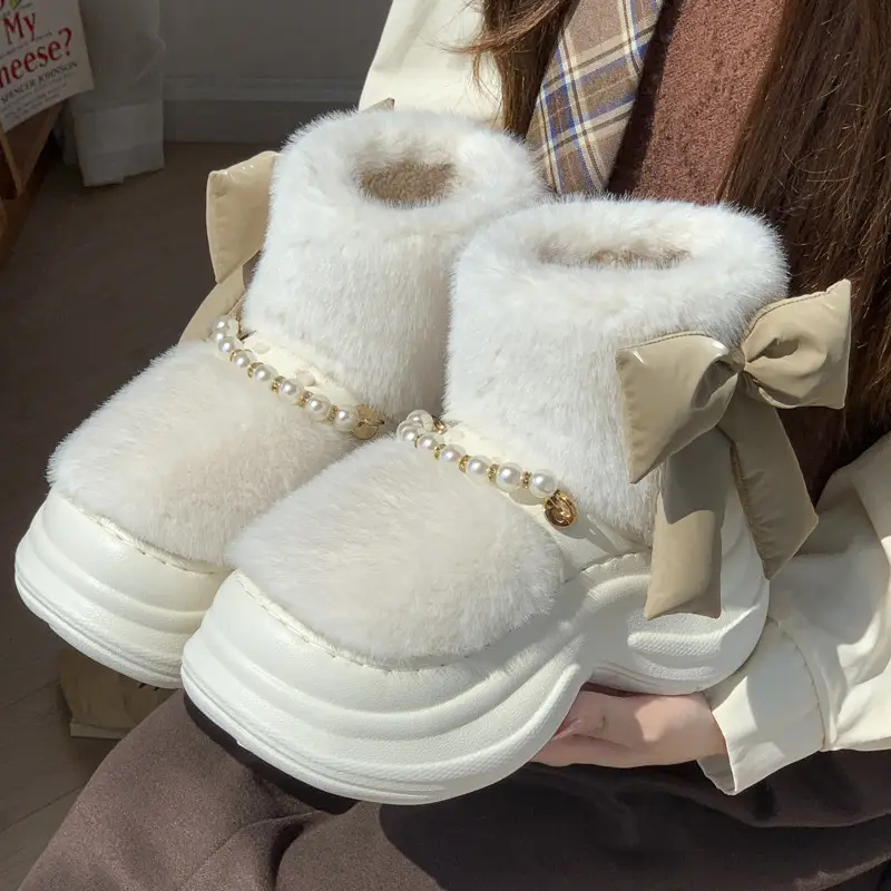 New Pearl Chain Bow High-Top Fur Cotton Shoes for Women Winter Thick-Soled Heightening Fleece-Lined Warm Anti-Ski Shoes - Image 4