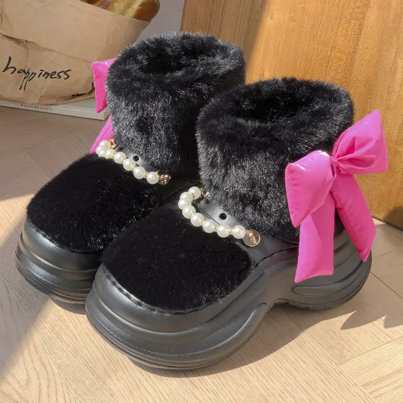New Pearl Chain Bow High-Top Fur Cotton Shoes for Women Winter Thick-Soled Heightening Fleece-Lined Warm Anti-Ski Shoes - Image 5
