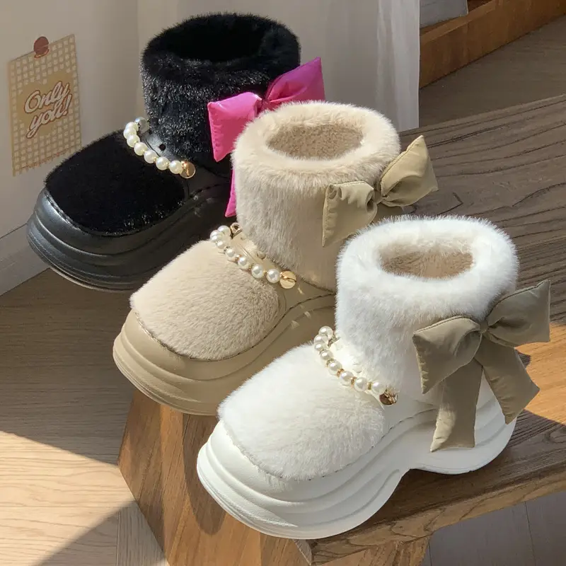 New Pearl Chain Bow High-Top Fur Cotton Shoes for Women Winter Thick-Soled Heightening Fleece-Lined Warm Anti-Ski Shoes - Image 7