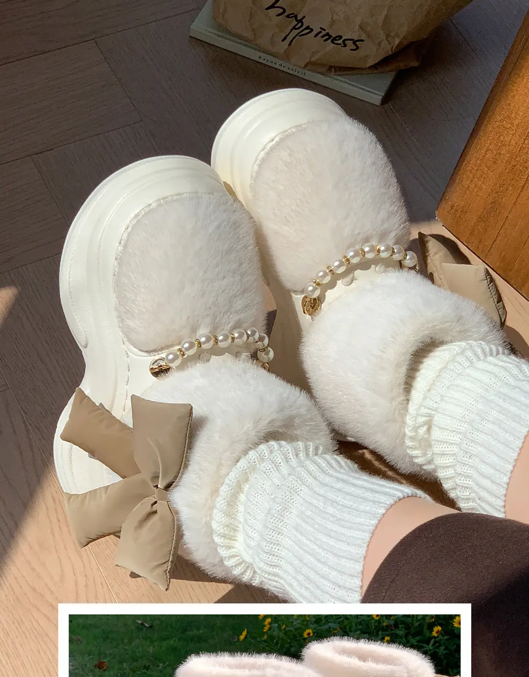 New Pearl Chain Bow High-Top Fur Cotton Shoes for Women Winter Thick-Soled Heightening Fleece-Lined Warm Anti-Ski Shoes — feature 3