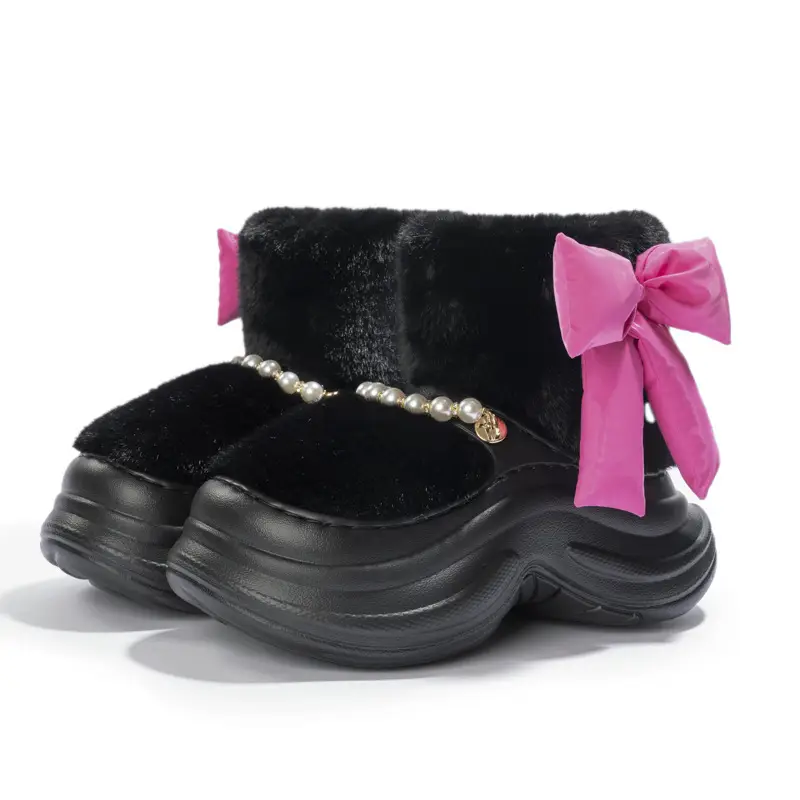 New Pearl Chain Bow High-Top Fur Cotton Shoes for Women Winter Thick-Soled Heightening Fleece-Lined Warm Anti-Ski Shoes - Image 3