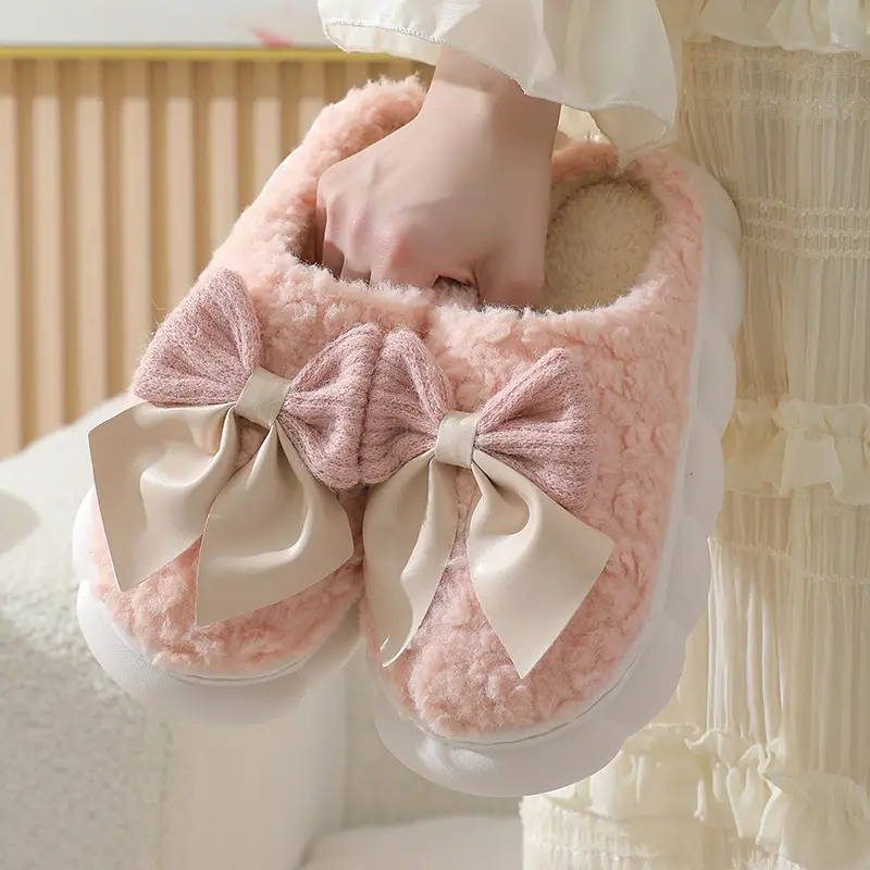 Yc-298 Cotton Slippers 2025 Winter New Cotton Slippers Sweet Bow Fleece-Lined Warm Thick-Soled Home and Outdoor Shoes - Image 5