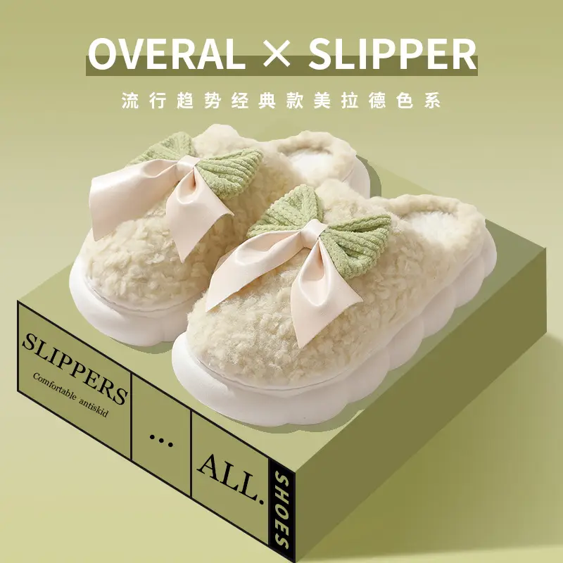 Yc-298 Cotton Slippers 2025 Winter New Cotton Slippers Sweet Bow Fleece-Lined Warm Thick-Soled Home and Outdoor Shoes — feature 2