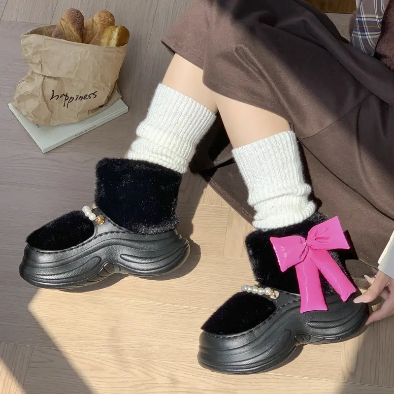 Bow High-Top Cotton Slippers for Women Winter New 2025 Non-Slip Comfortable Warm Girls Snow Thickened Outer Wear - Image 5