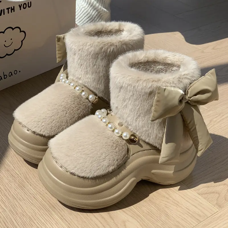 Bow High-Top Cotton Slippers for Women Winter New 2025 Non-Slip Comfortable Warm Girls Snow Thickened Outer Wear - Image 2