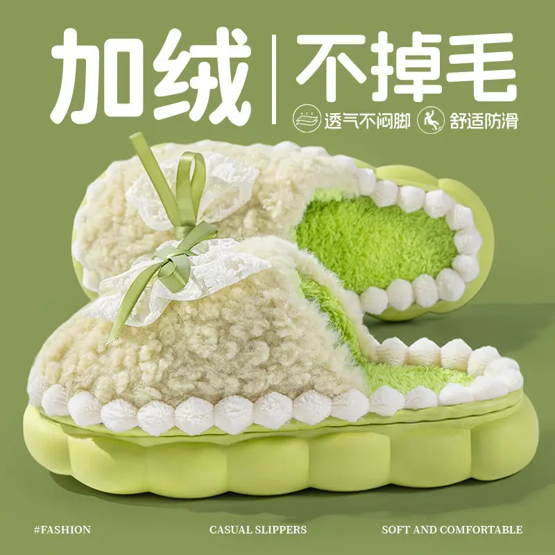 Autumn Winter Bow Furry Slippers for Women - Image 2