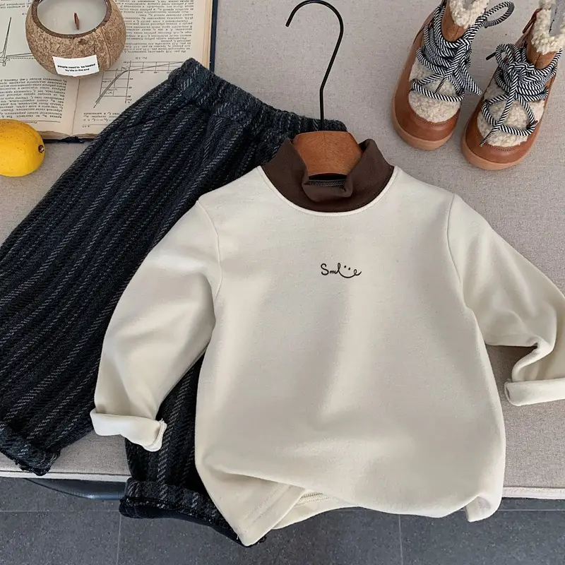 Boys Sweatshirt Set Brown White Letter Print Long Sleeve — feature 5