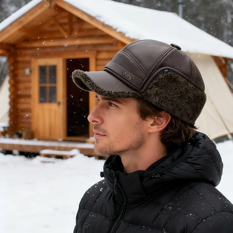 Men's Wool Ear Protection Cap Brown Winter Cold Proof