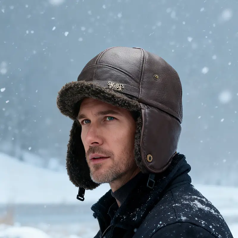 Men's Wool Ear Protection Cap Brown Winter Cold Proof