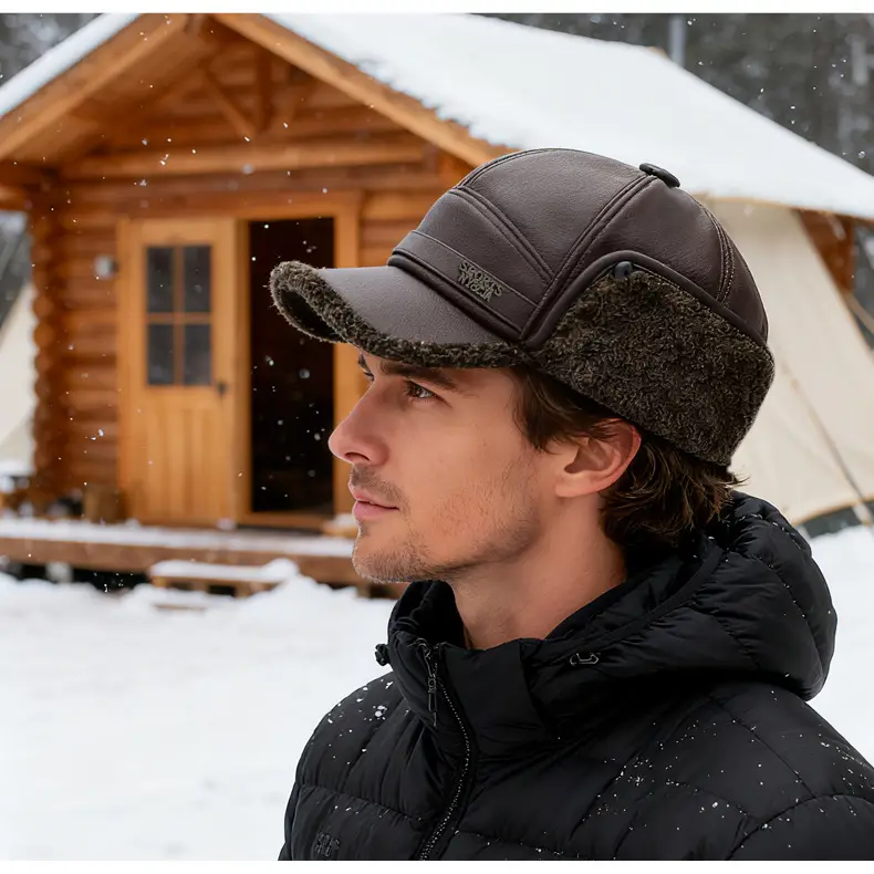 Men's Wool Ear Protection Cap Brown Winter Cold Proof — feature 1