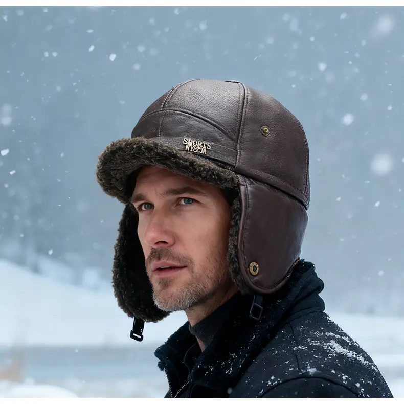 Men's Wool Ear Protection Cap Brown Winter Cold Proof — feature 3