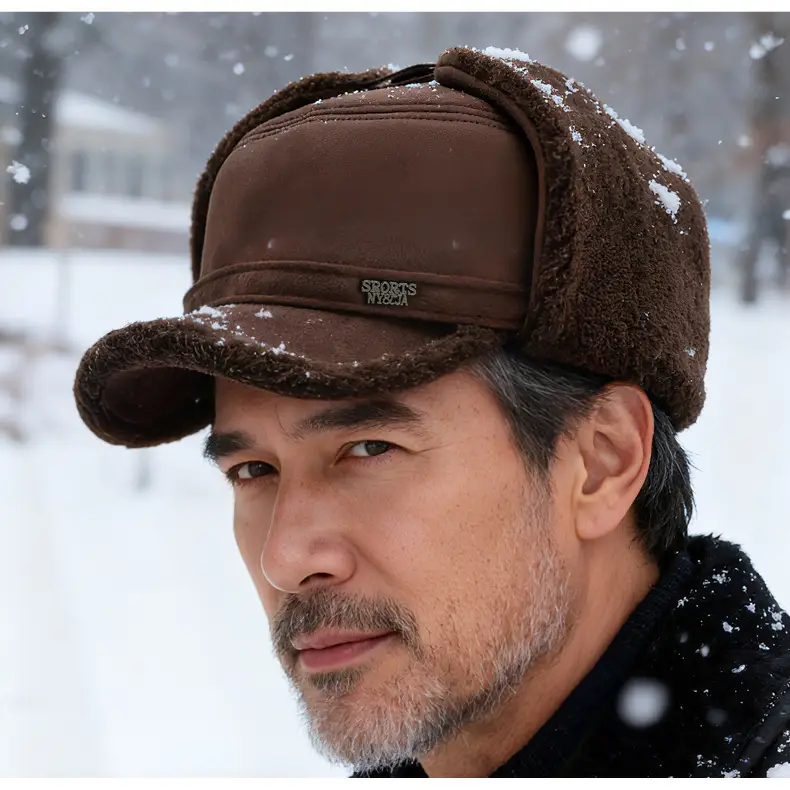 Men's Warm Brown Wool Ear Hat Winter Ear Protection Cap — feature 15