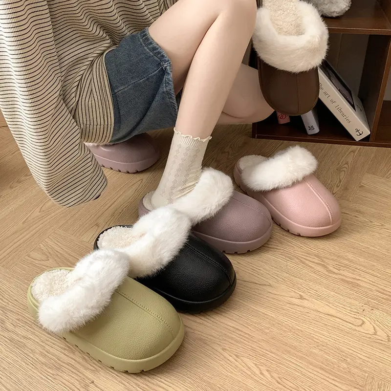 Women's Green Cotton Slippers with Faux Fur Trim - Image 6