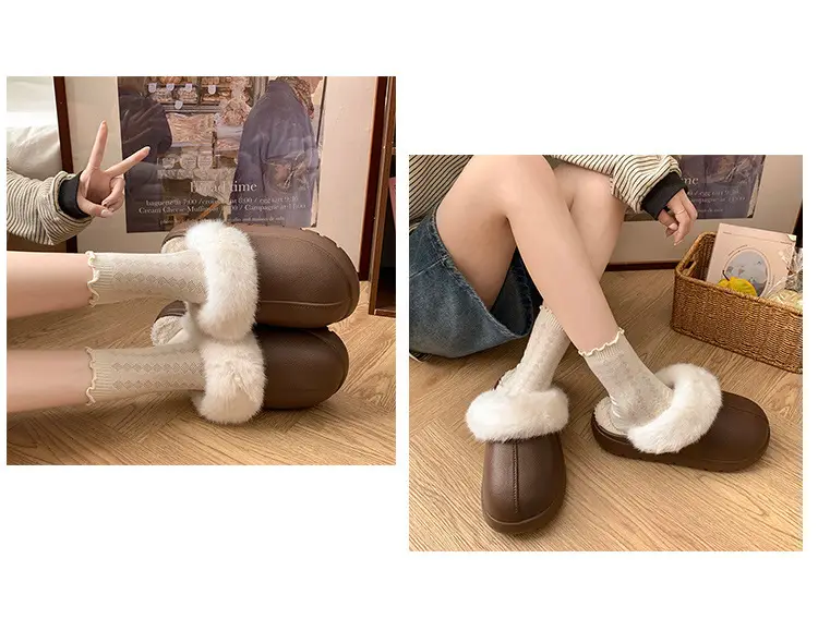 Women's Green Cotton Slippers with Faux Fur Trim — feature 1