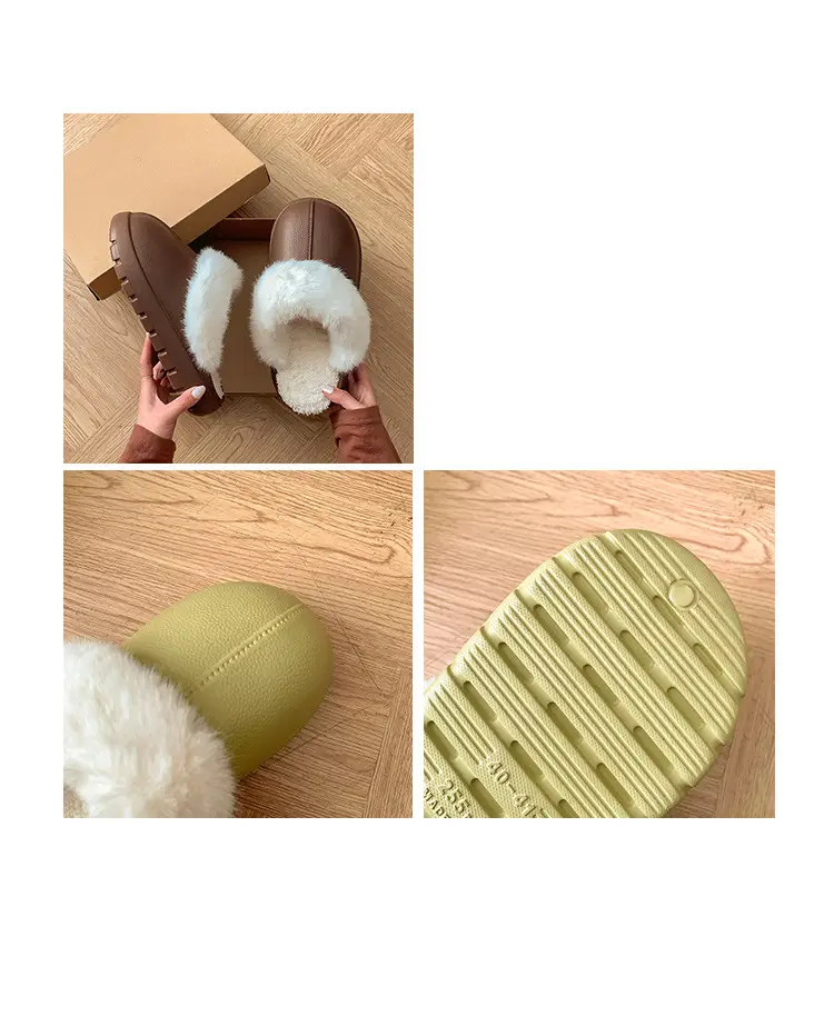 Women's Green Cotton Slippers with Faux Fur Trim — feature 14
