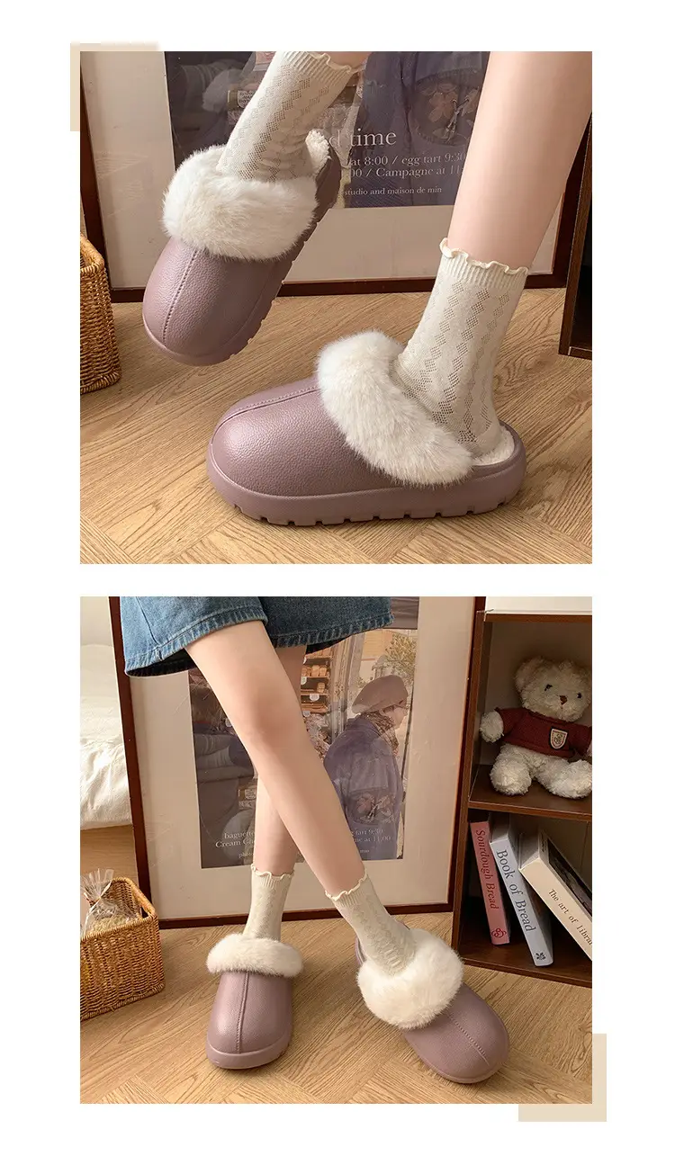 Women's Green Cotton Slippers with Faux Fur Trim — feature 3